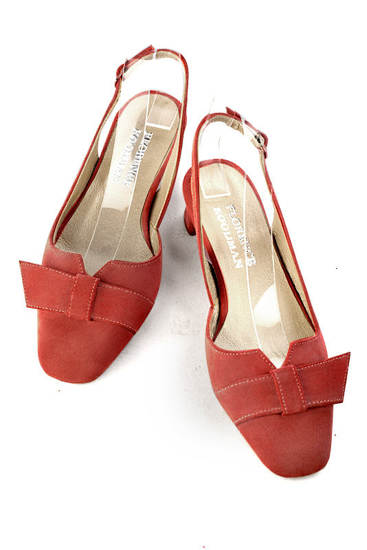 Scarlet red women's slingback shoes. Square toe. Low kitten heels. Top view - Florence KOOIJMAN